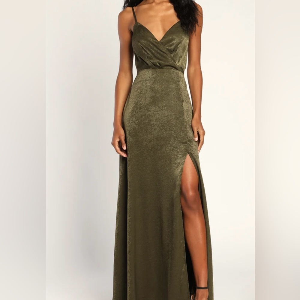 Lulus Olive green satin maxi dress